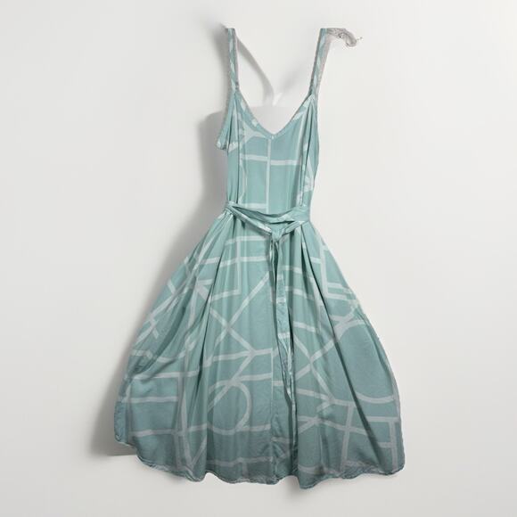 Torrid Midi Trapeze Dress Size 4X Pockets Geometric Challis Self Tie Mint Blue - Picture 1 of 10